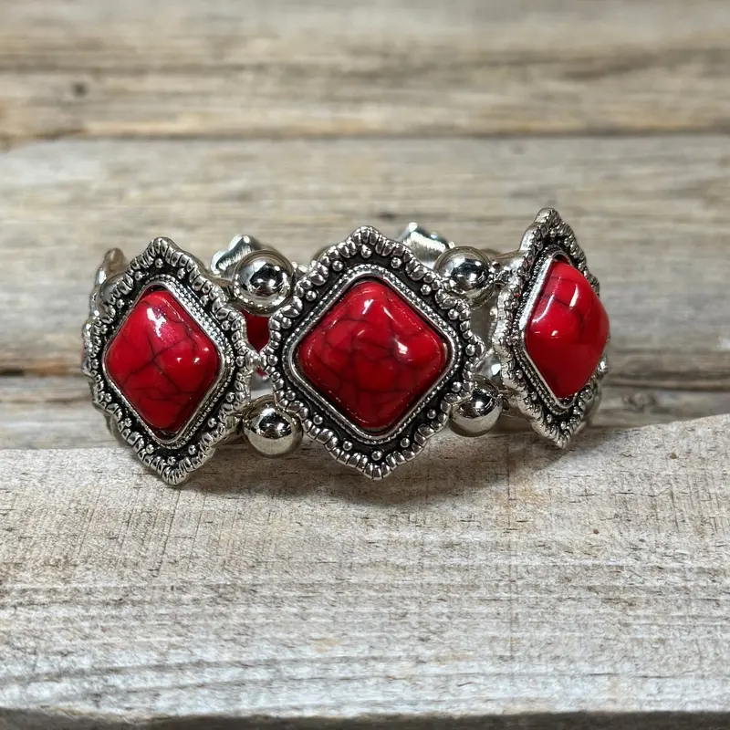 Western Silver Chunky Rodeo Fashion Bracelets  -  Red 1