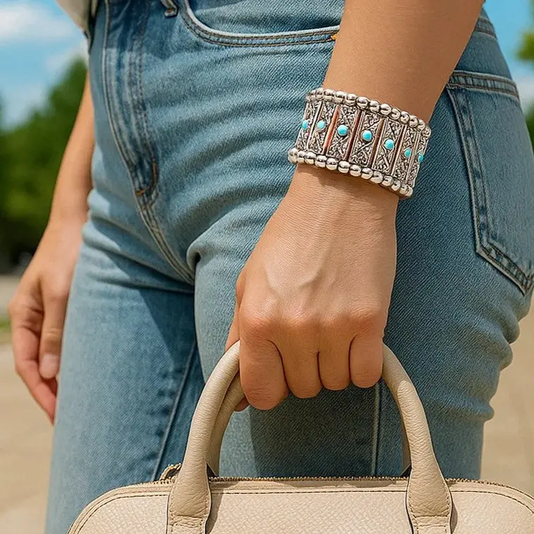 Western Silver Leaf And Bead Fashion Bracelets  - Turquoise 1
