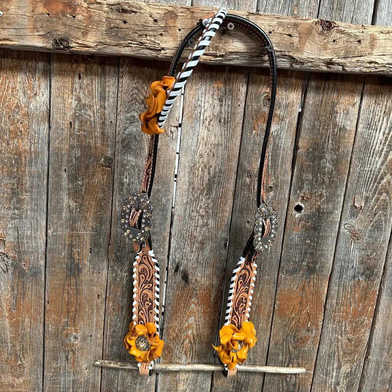 Whip Stitch One Ear Headstall / Bridle - Yellow Roses & European Conchos #Oe286 1