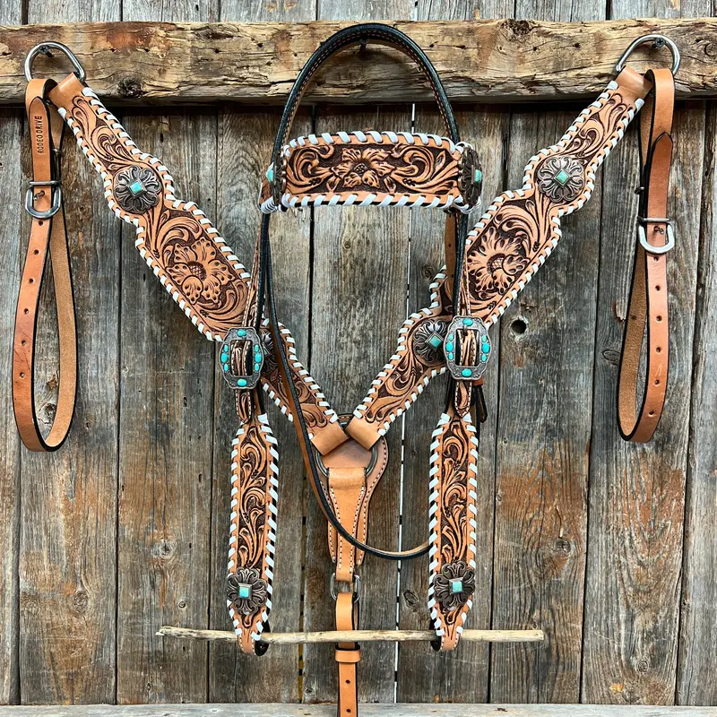 Whipstitch Copper Turquoise  Browband / One Ear Tack Set #Bbbc419 1