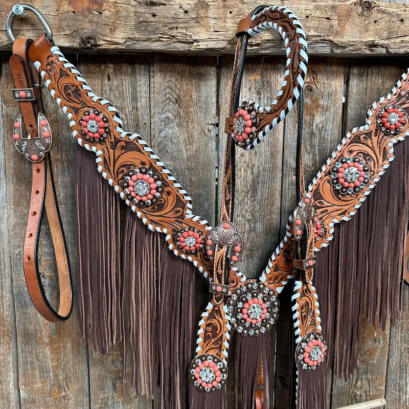 Whipstitch Coral And Clear One Ear/ Breastcollar Tack Set #Oebc516 1