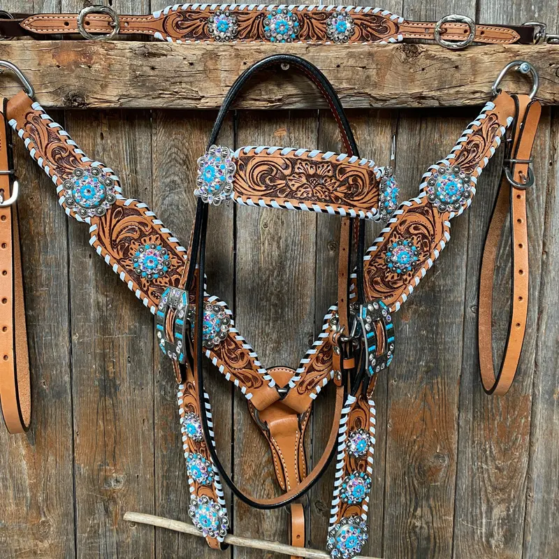 Whipstitch Turquoise & Ab Browband/One Ear Tack Set With Wither Strap  #Bbbc463 1