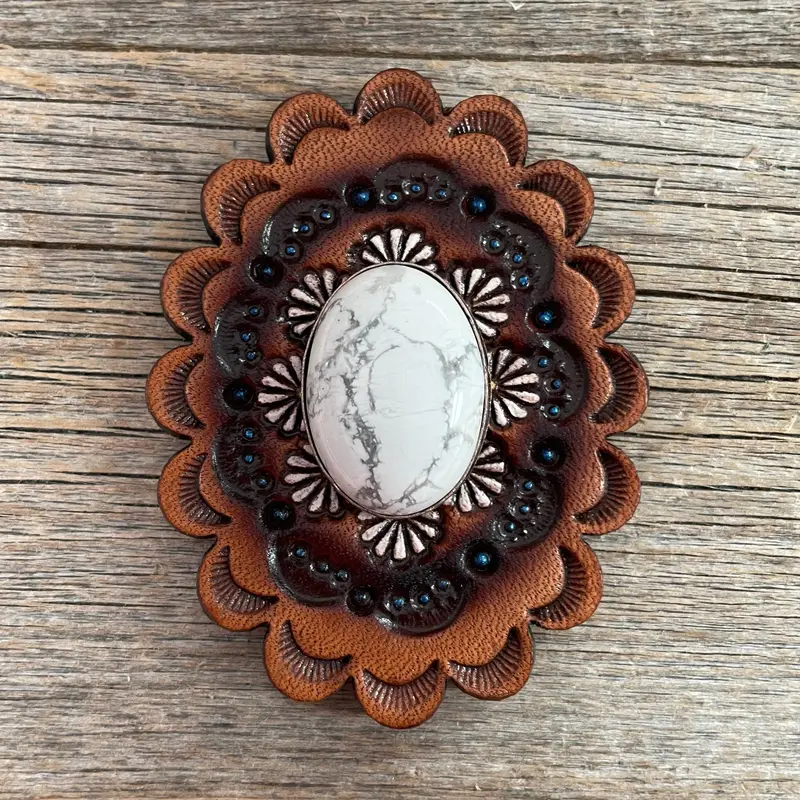 White Cabochon Stone - Leather Rosette Options - 2