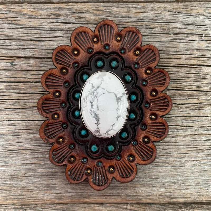 White Cabochon Stone - Leather Rosette Options - 3