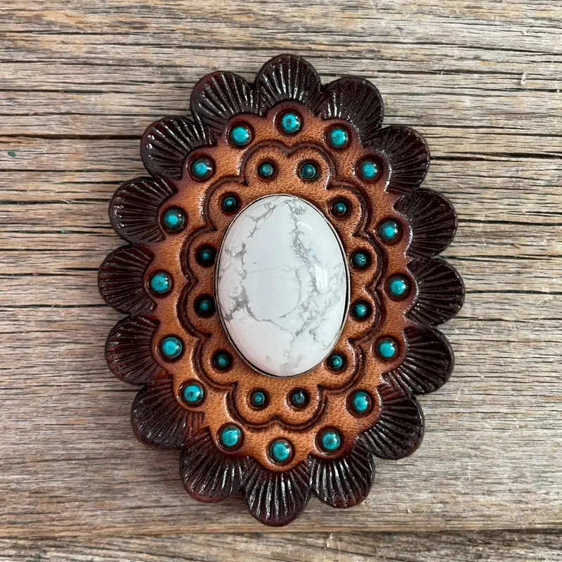 White Cabochon Stone - Leather Rosette Options - 4