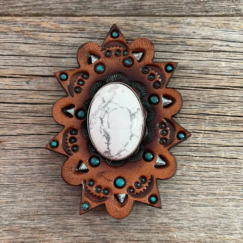 White Cabochon Stone - Leather Rosette Options - 4