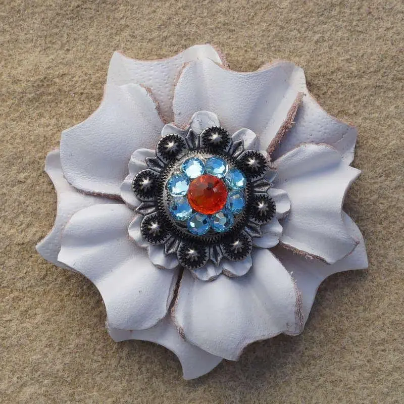 White Carnation Flower With Antique Silver Fire Opal And Aqua 1" Concho 1