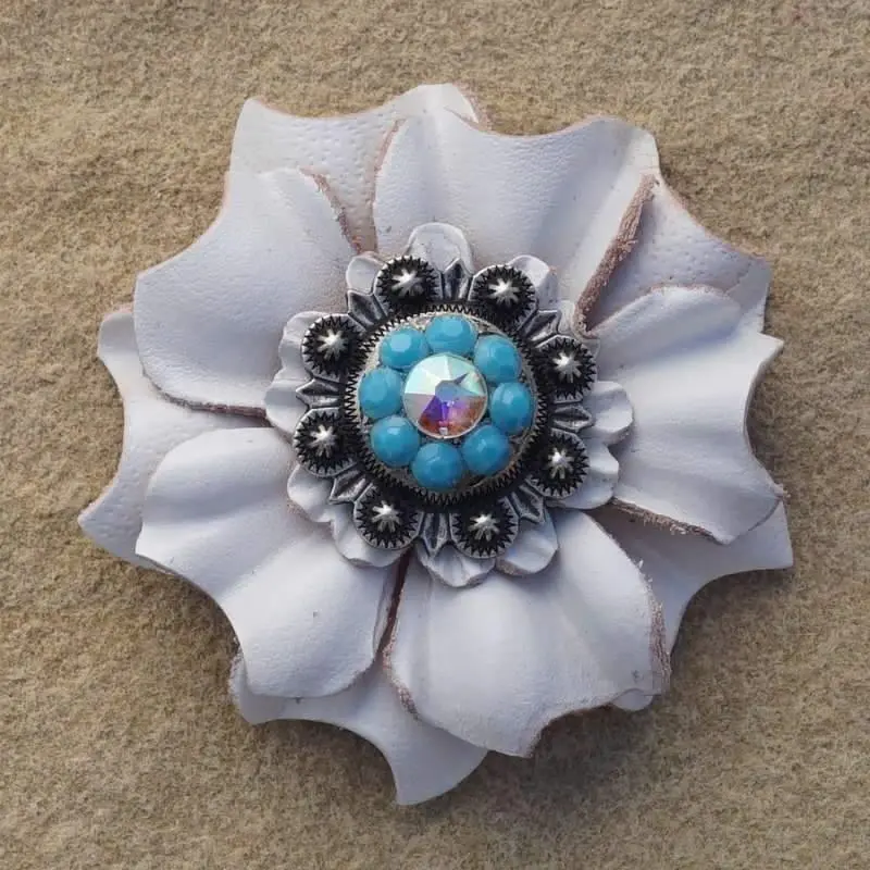 White Carnation Flower With Antique Silver Turquoise & Ab 1" Concho 1