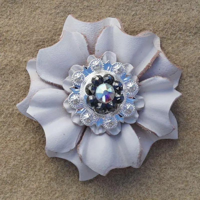 White Carnation Flower With Bright Silver Jet And Ab 1" Concho 1