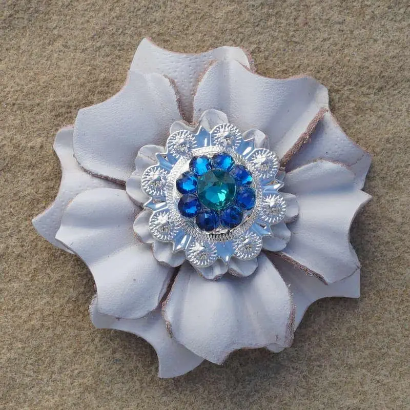 White Carnation Flower With Bright Silver Teal And Capri 1" Concho 1