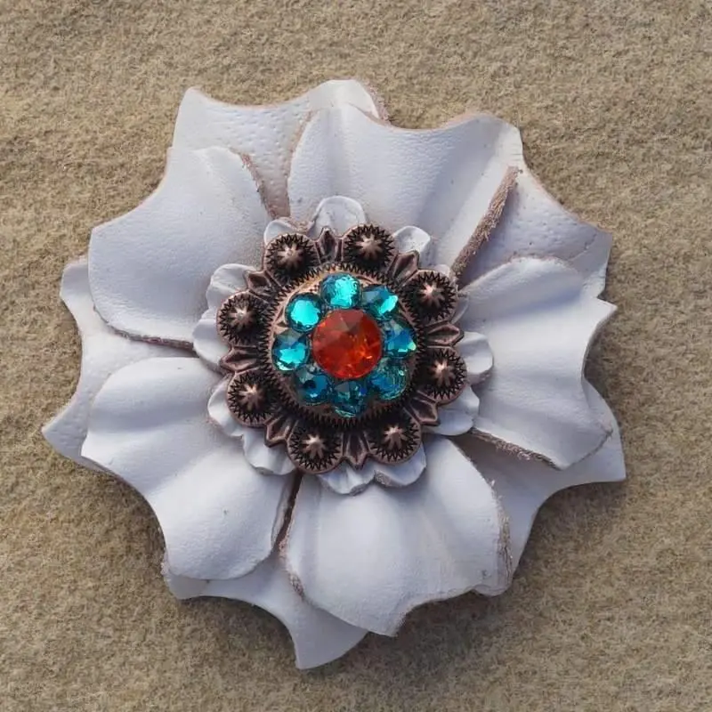 White Carnation Flower With Copper Fire Opal & Teal 1" Concho 1