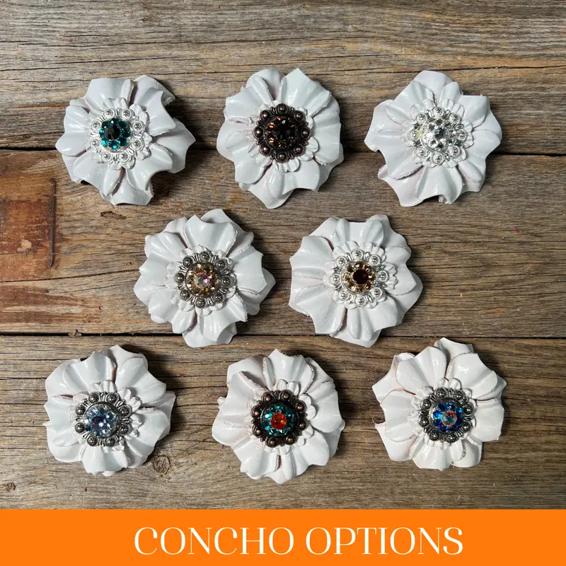 White Carnations Leather Flowers - 1" Crystal Conchos - Options 1