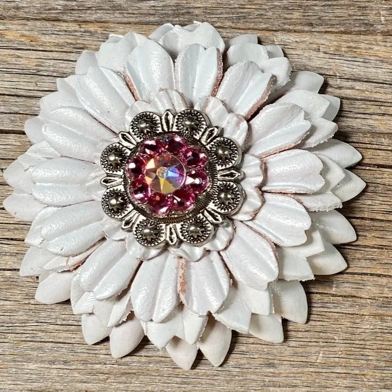 White Daisy Flower With Antique Silver Pink & Ab 1" Concho 1