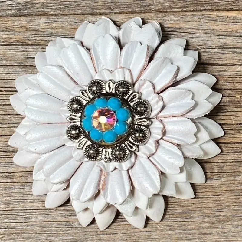 White Daisy Flower With Antique Silver Turquoise & Ab 1" Concho 1