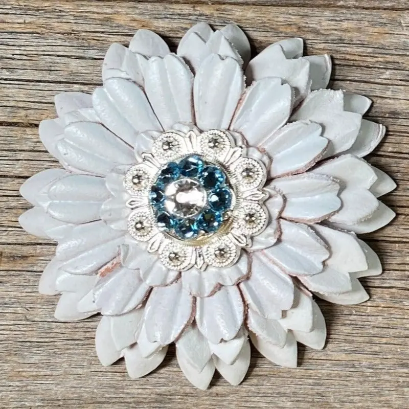 White Daisy Flower With Bright Silver Aqua & Clear 1" Concho 1