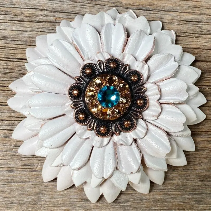 White Daisy Flower With Copper Teal & Champagne 1" Concho 1