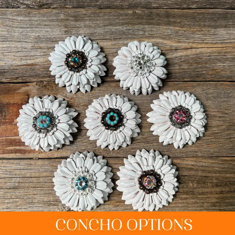 White Daisy Leather Flowers - 1" Crystal Conchos - Options 1