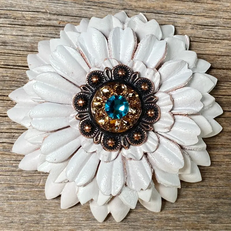 White Daisy Leather Flowers - 1" Crystal Conchos - Options 2