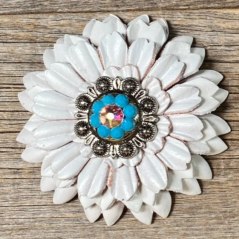White Daisy Leather Flowers - 1" Crystal Conchos - Options 4