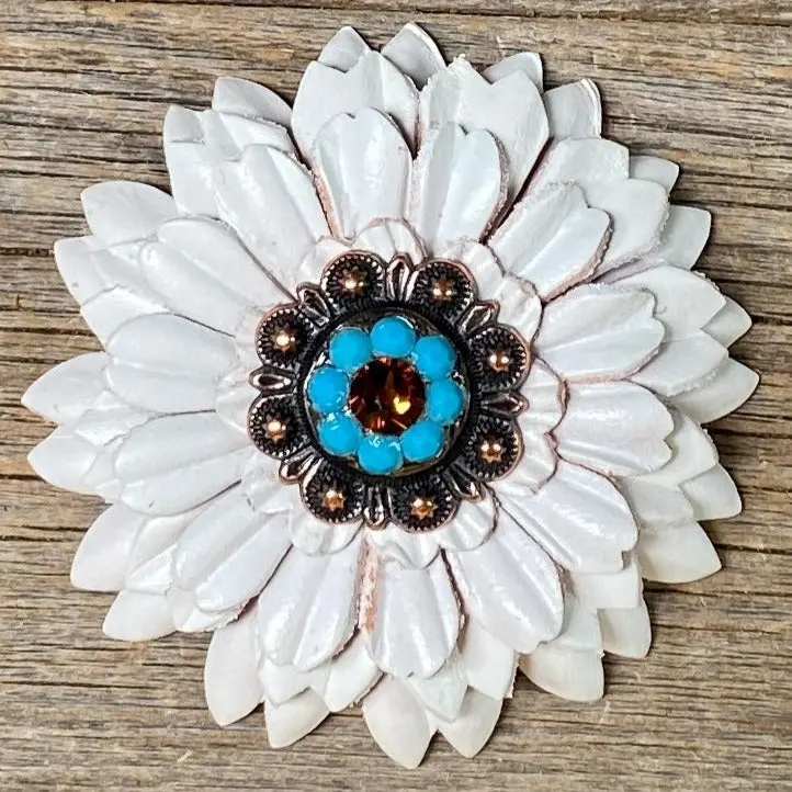 White Daisy Leather Flowers - 1" Crystal Conchos - Options 5
