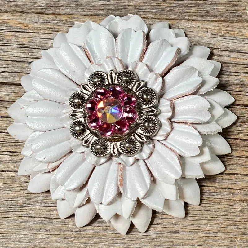 White Daisy Leather Flowers - 1" Crystal Conchos - Options 6