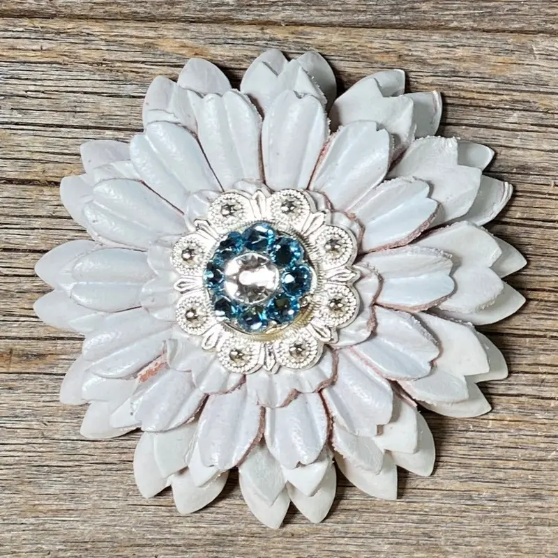 White Daisy Leather Flowers - 1" Crystal Conchos - Options 7