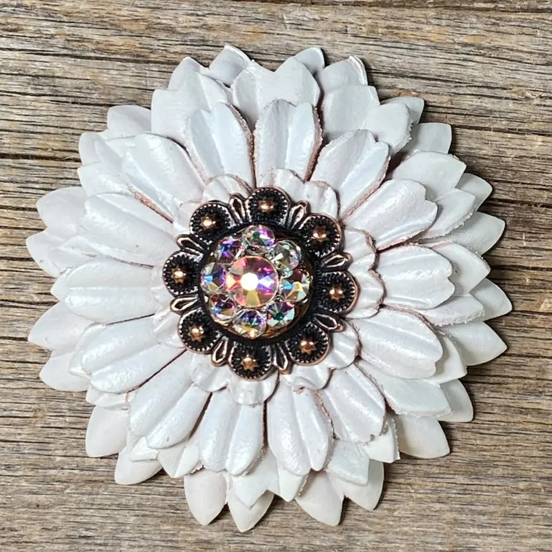 White Daisy Leather Flowers - 1" Crystal Conchos - Options 7
