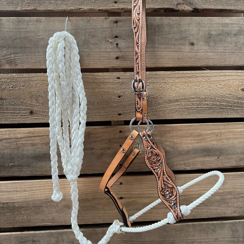 White Floral Tooled Lariat & Leather Combo Halter 1