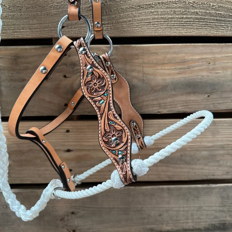 White Floral Tooled Lariat & Leather Combo Halter 2