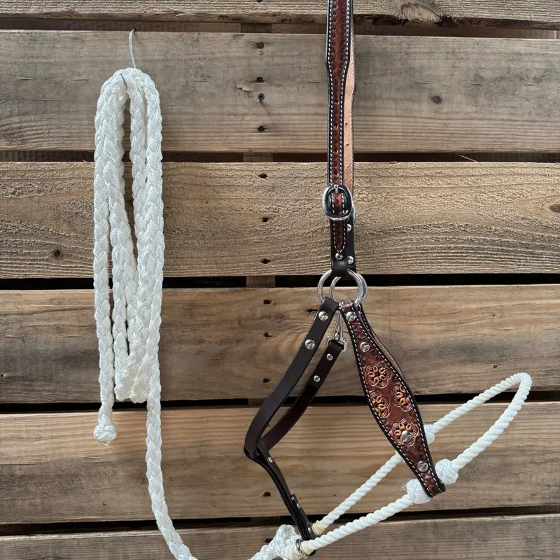 White Flower Power Tooled Lariat & Leather Combo Halter 1