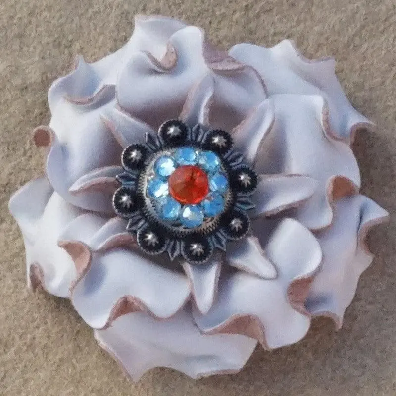 White Gardenia Flower With Antique Silver Fire Opal And Aqua 1" Concho 1