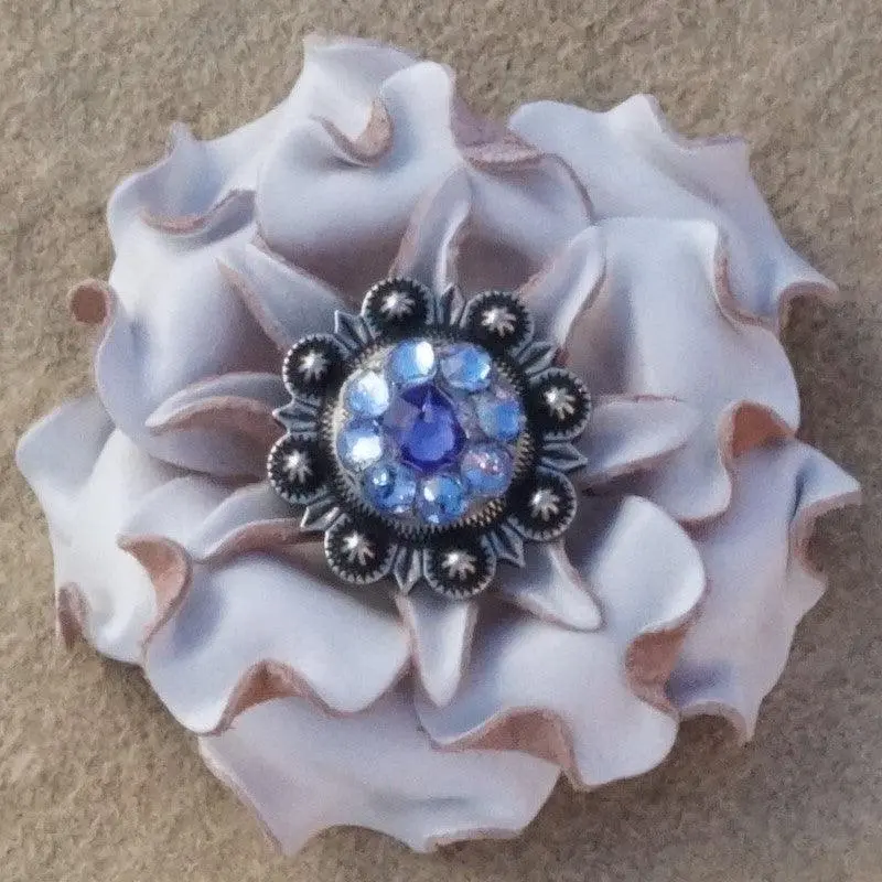 White Gardenia Flower With Antique Silver Lilac And Light Sapphire 1" Concho 1