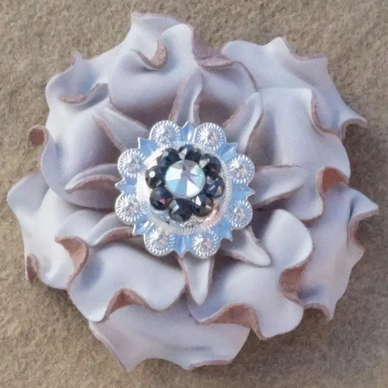 White Gardenia Flower With Bright Silver Jet And Ab 1" Concho 1