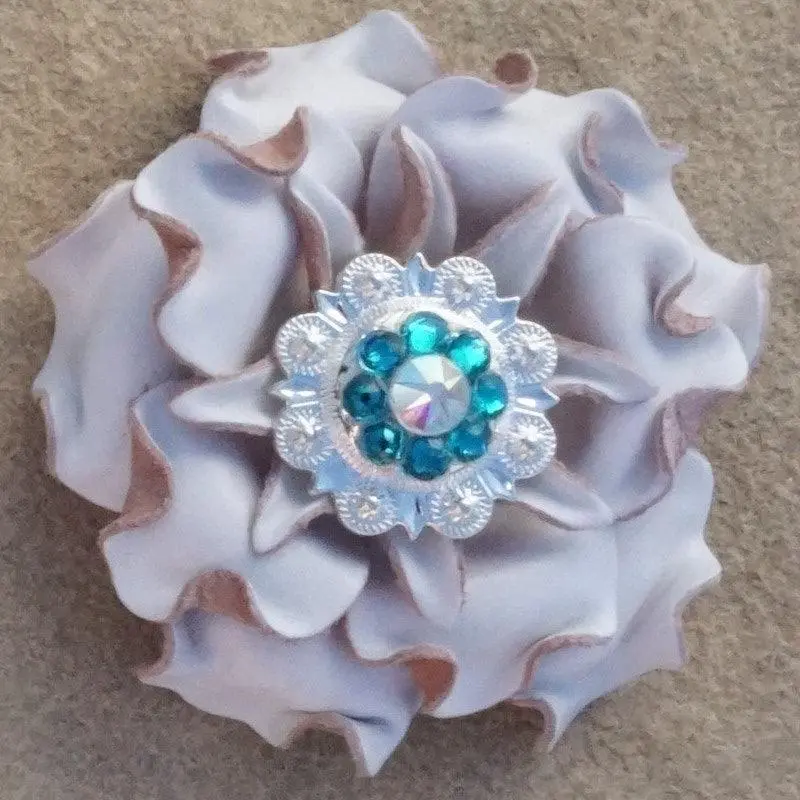 White Gardenia Flower With Bright Silver Teal And Ab 1" Concho 1
