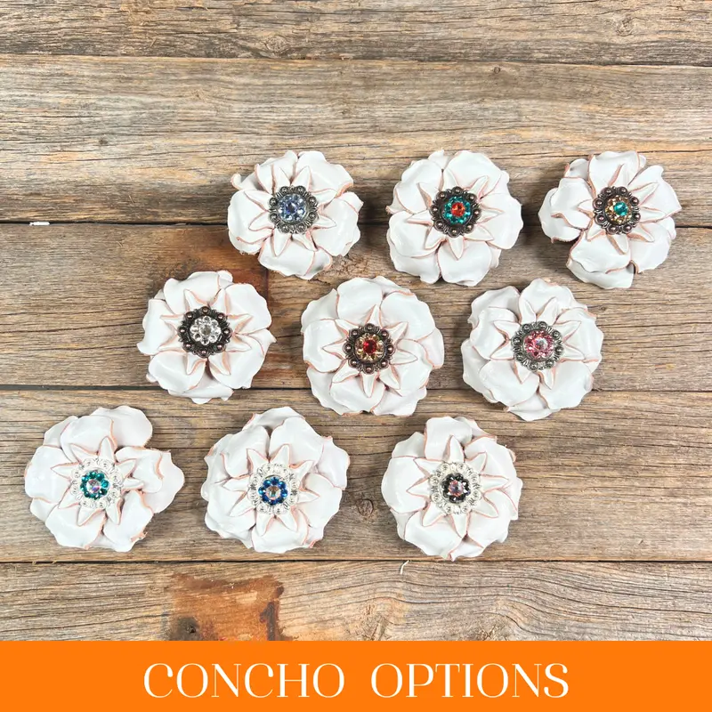 White Gardenia Leather Flowers - 1" Crystal Conchos - Options 1