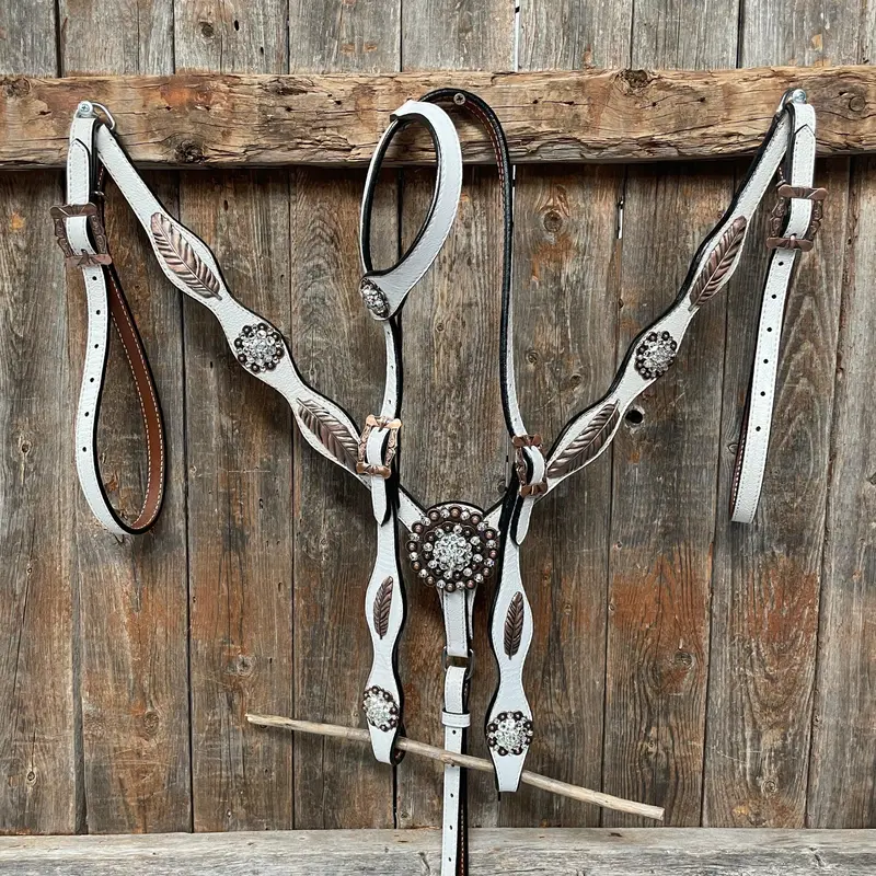 White Leather Copper Clear And Feather  Browband/One Ear Tack Set #Oebc482 1