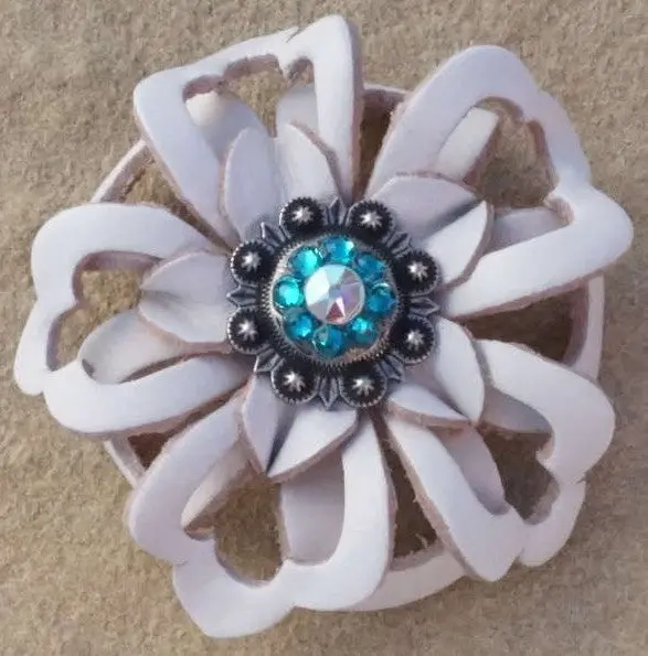 White Lotus Flower With Antique Silver Teal & Ab 1" Concho 1