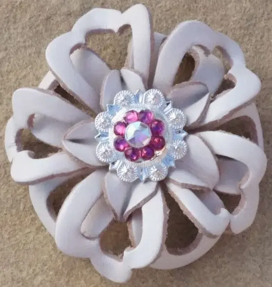 White Lotus Flower With Bright Silver Fuchsia And Ab 1" Concho 1