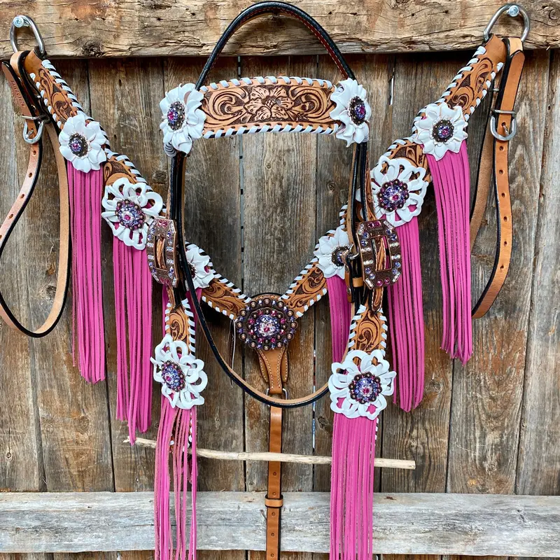 White Whipstitch Pink And White Browband/One Ear & Breastcollar Tack Set #Bbbc426 1