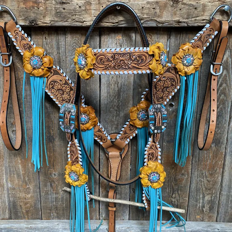 White Whipstitch Yellow And Turquoise Browband/One Ear Headstall & Breastcollar Tack Set #Oebc411 2
