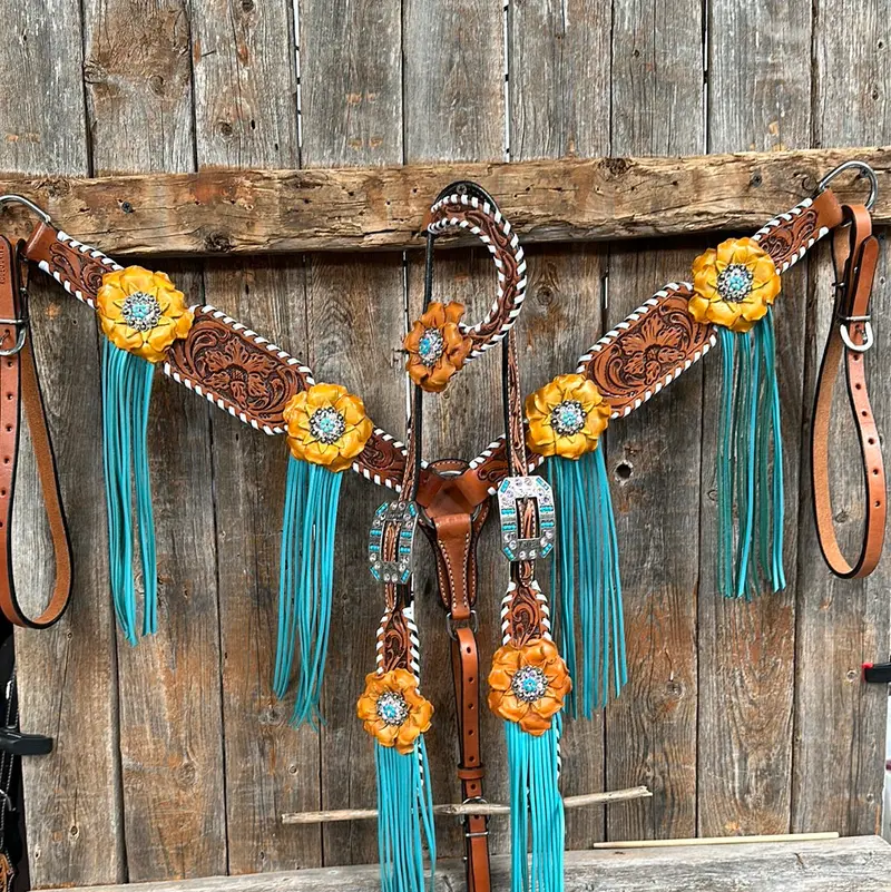 White Whipstitch Yellow And Turquoise Browband/One Ear Headstall & Breastcollar Tack Set #Oebc411 2