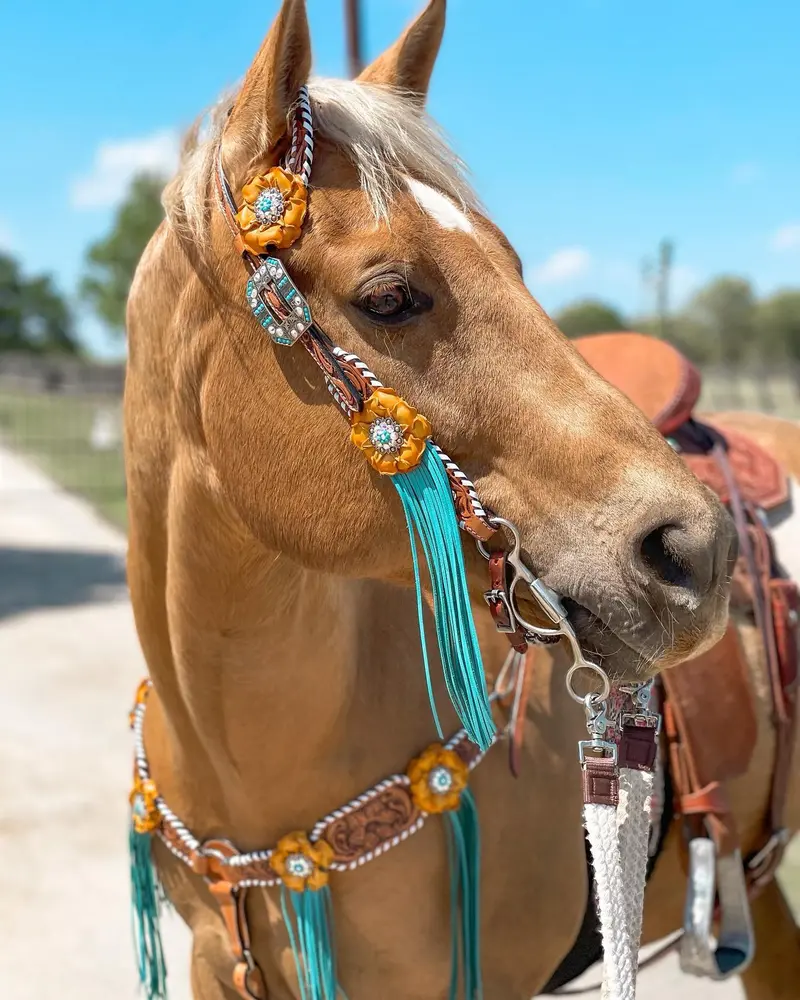 White Whipstitch Yellow And Turquoise Browband/One Ear Headstall & Breastcollar Tack Set #Oebc411 3