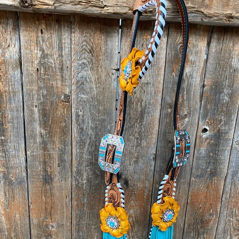 White Whipstitch Yellow And Turquoise Browband/One Ear Headstall & Breastcollar Tack Set #Oebc411 3
