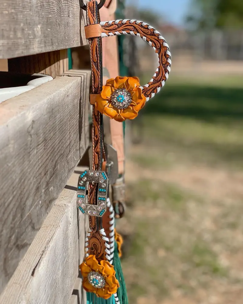 White Whipstitch Yellow And Turquoise Browband/One Ear Headstall & Breastcollar Tack Set #Oebc411 4