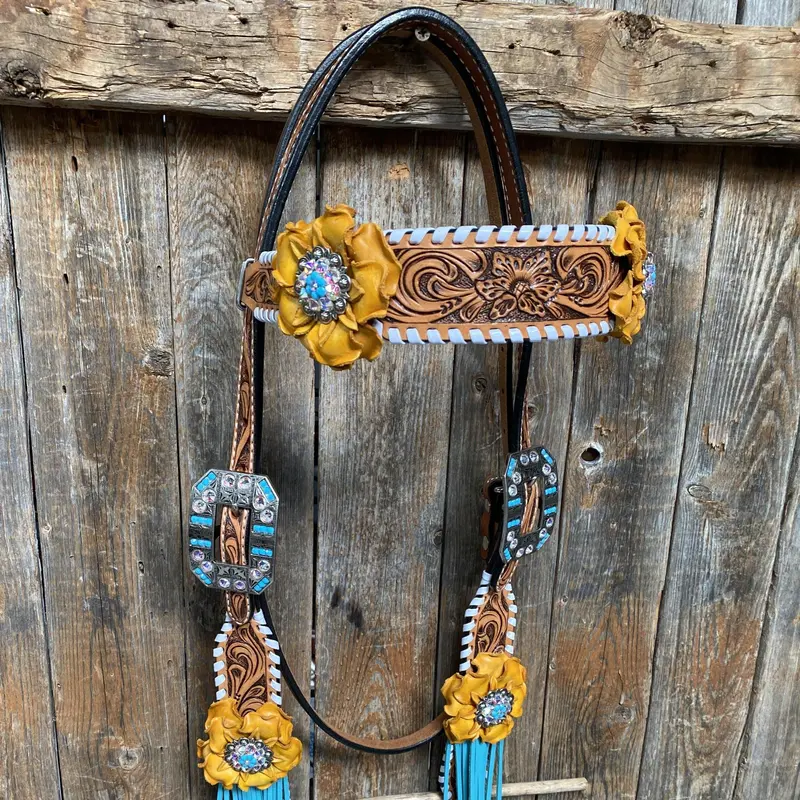 White Whipstitch Yellow And Turquoise Browband/One Ear Headstall & Breastcollar Tack Set #Oebc411 4
