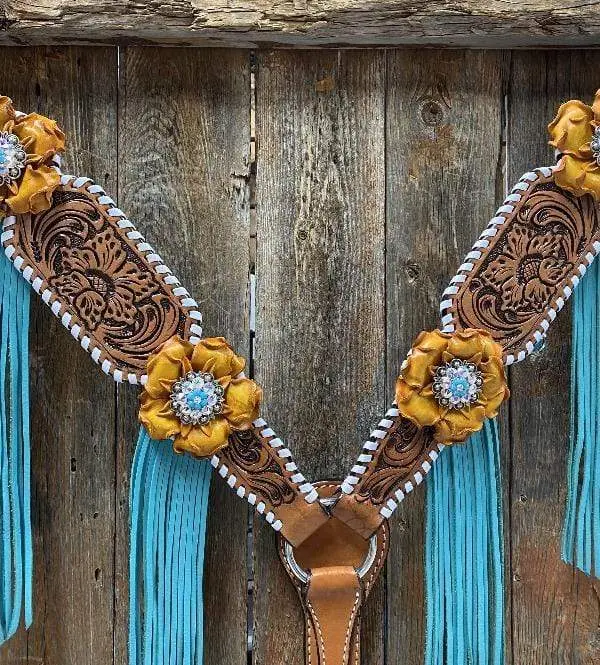 White Whipstitch Yellow And Turquoise Browband/One Ear Headstall & Breastcollar Tack Set #Oebc411 5