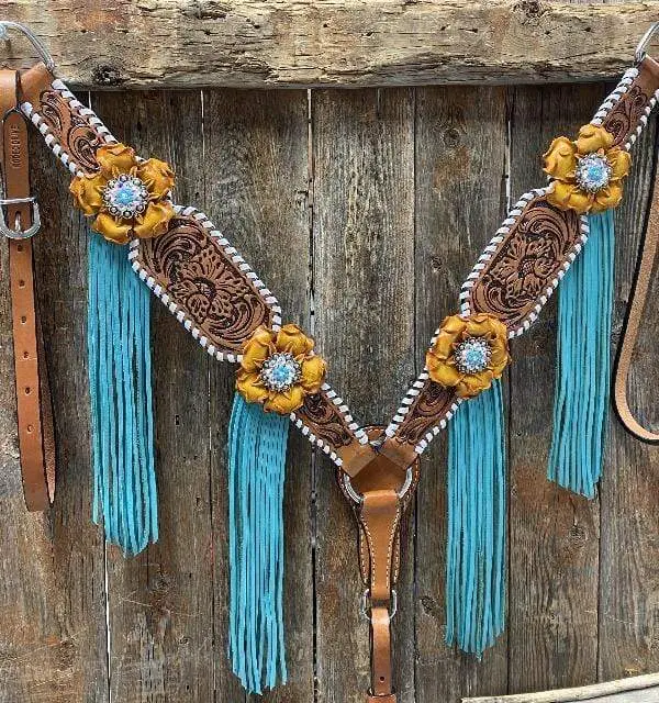 White Whipstitch Yellow And Turquoise Browband/One Ear Headstall & Breastcollar Tack Set #Oebc411 5