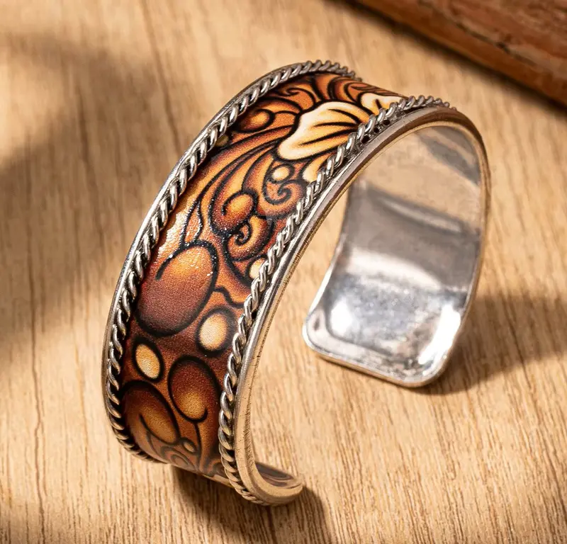 Wild West Silver Floral Fashion Cuff Bracelet - White Accented 1