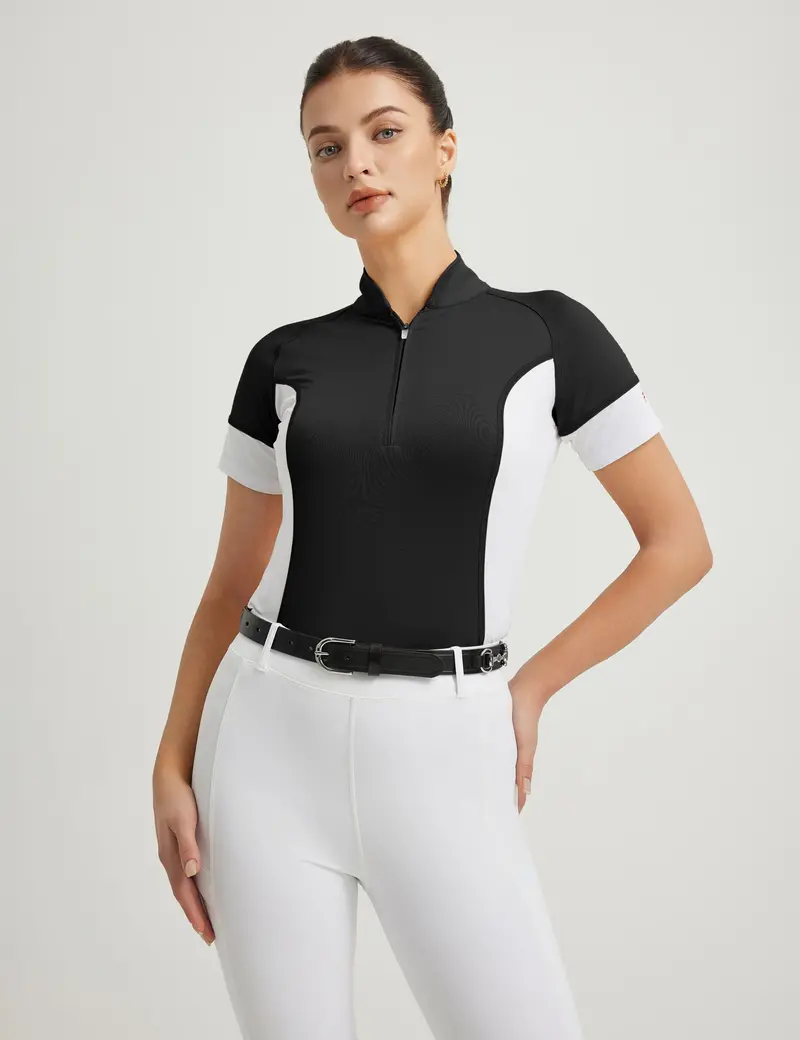 Women T-Shirt Color-Blocking Stand Collar 1
