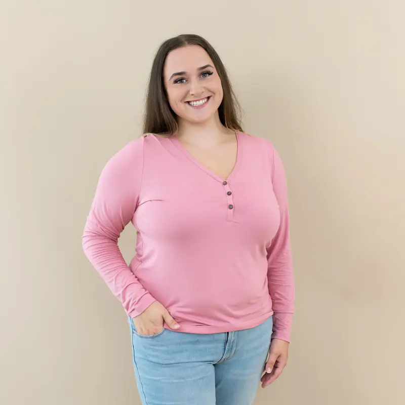 Women's Long Sleeve Henley Tee In Apple Blossom 1